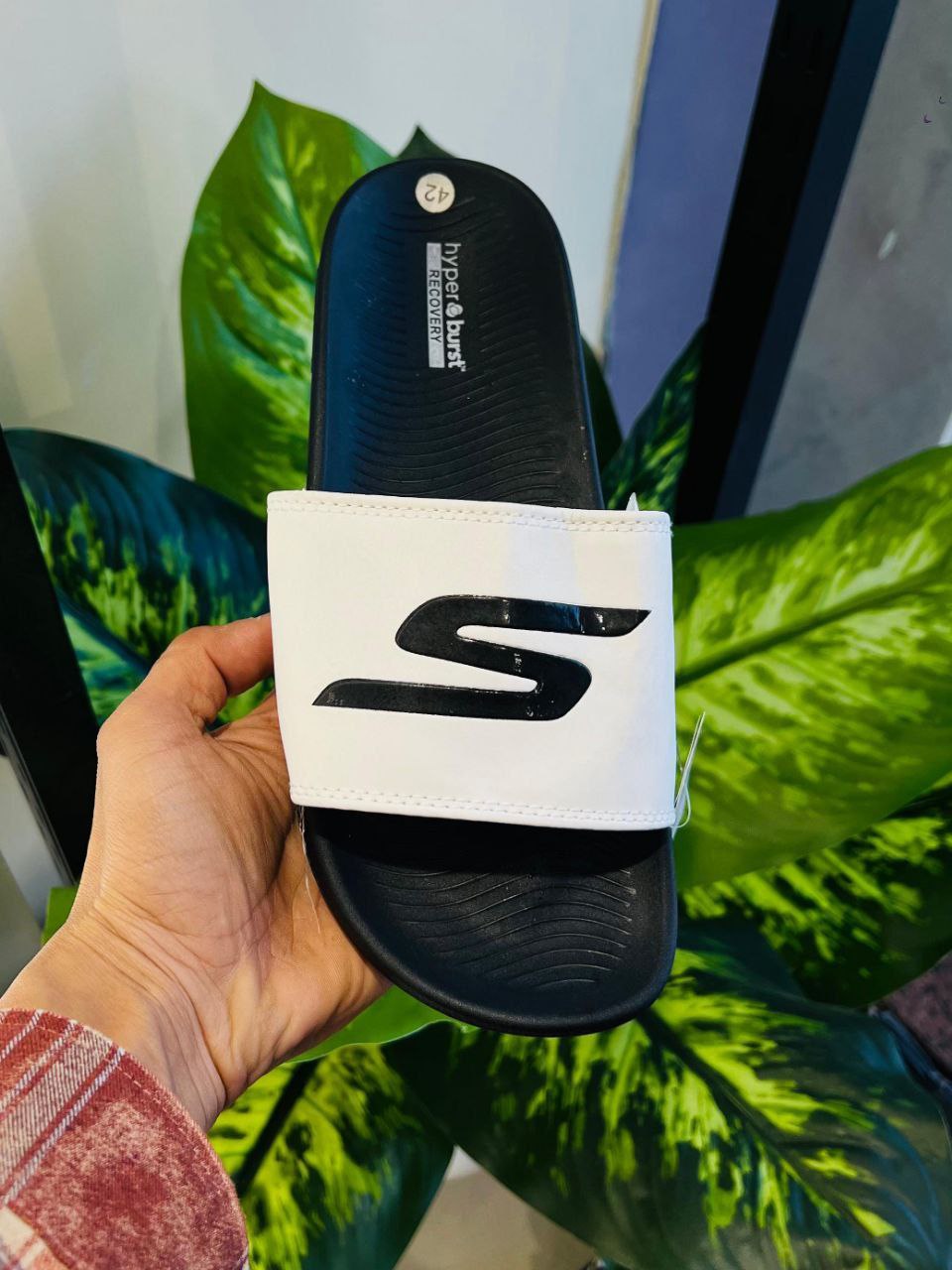 Sketchers Black White Daily Use Slides Slippers