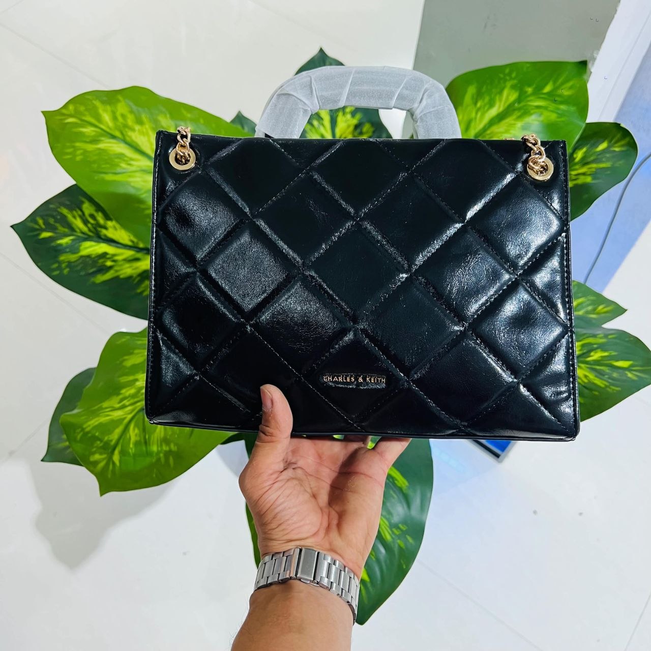 Charles & Keith Apfra Quilted Chain-Handle Tote Bag in black