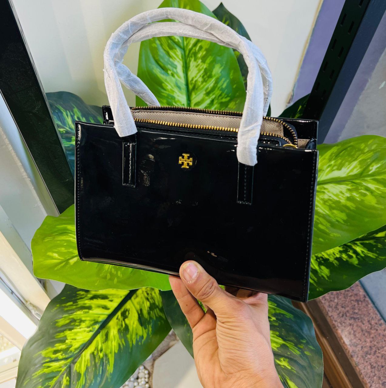 black patent leather Tory Burch mini tote bag