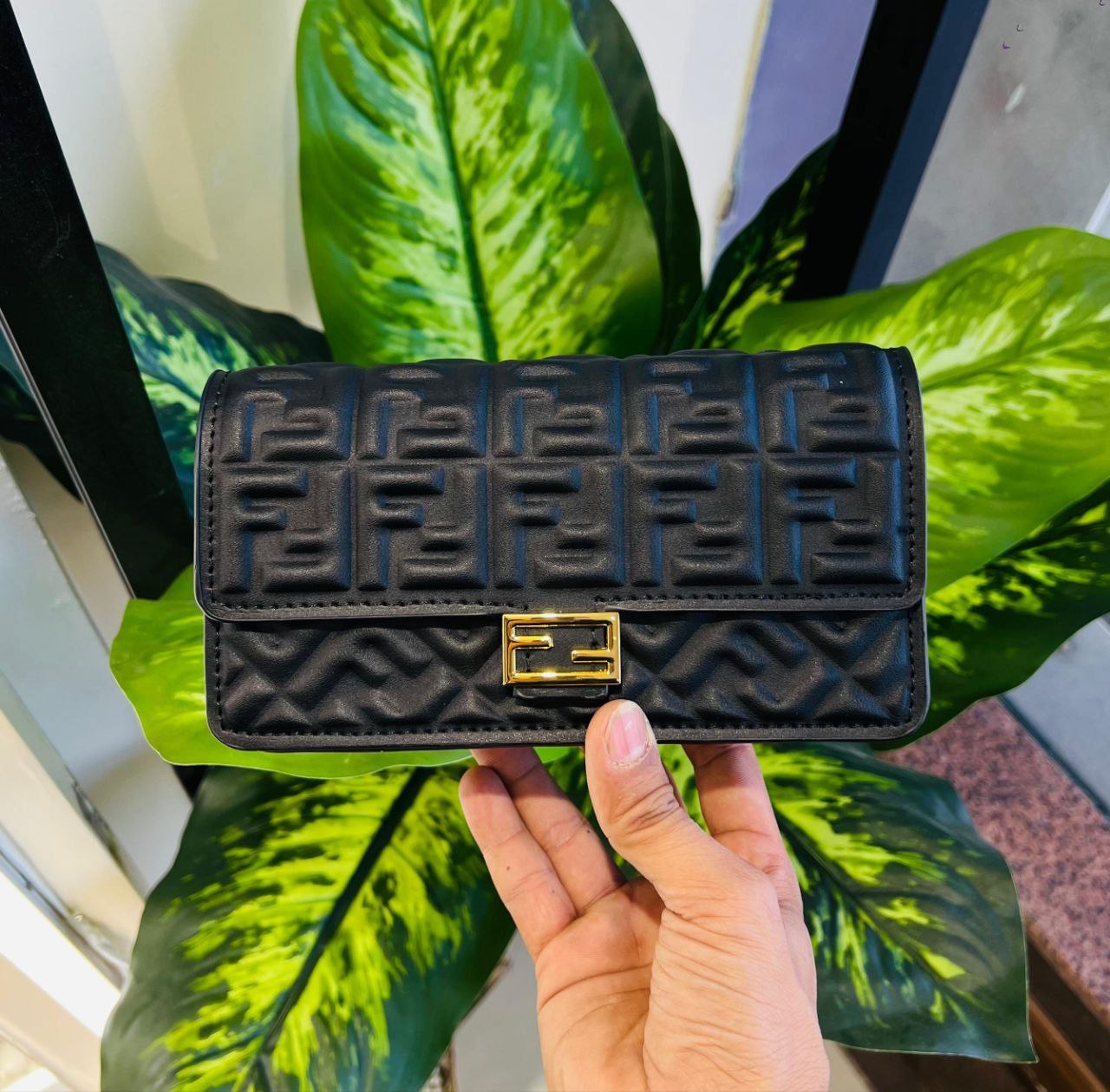 Black nappa leather Fendi Baguette wallet-on-chain