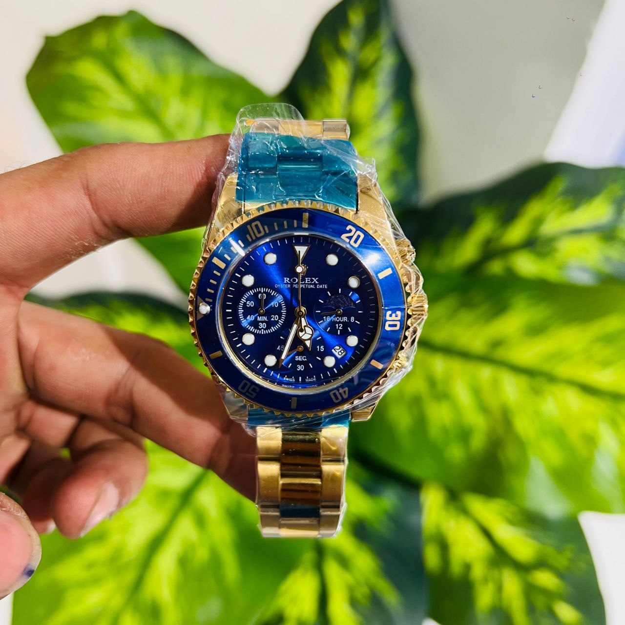 Luxury Submariner gold-tone and blue-dial multi-function fashion watch