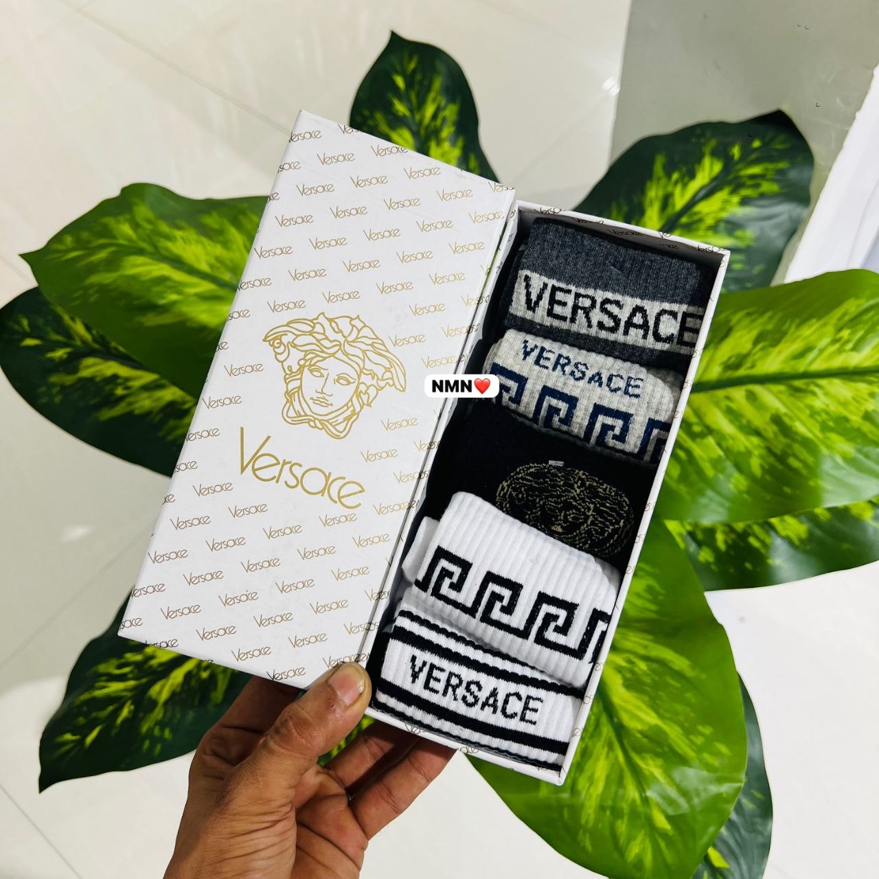 Versace logo cotton-blend crew socks presented in a matching branded gift box