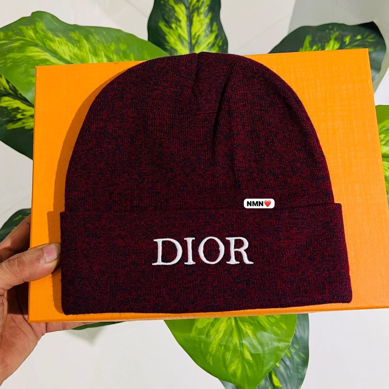 Burgundy marled knit Dior logo beanie cap